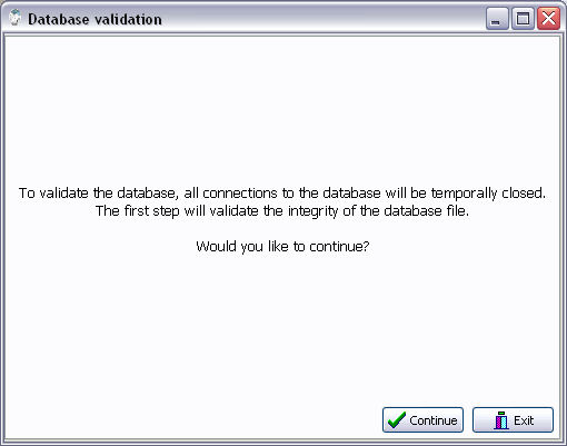 Database validation - start integrity validation of database file